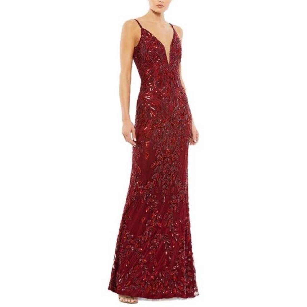 Mac Duggal Embellished Leaf Evening Gown Burgundy Size 10 Plunging Neck Cocktail